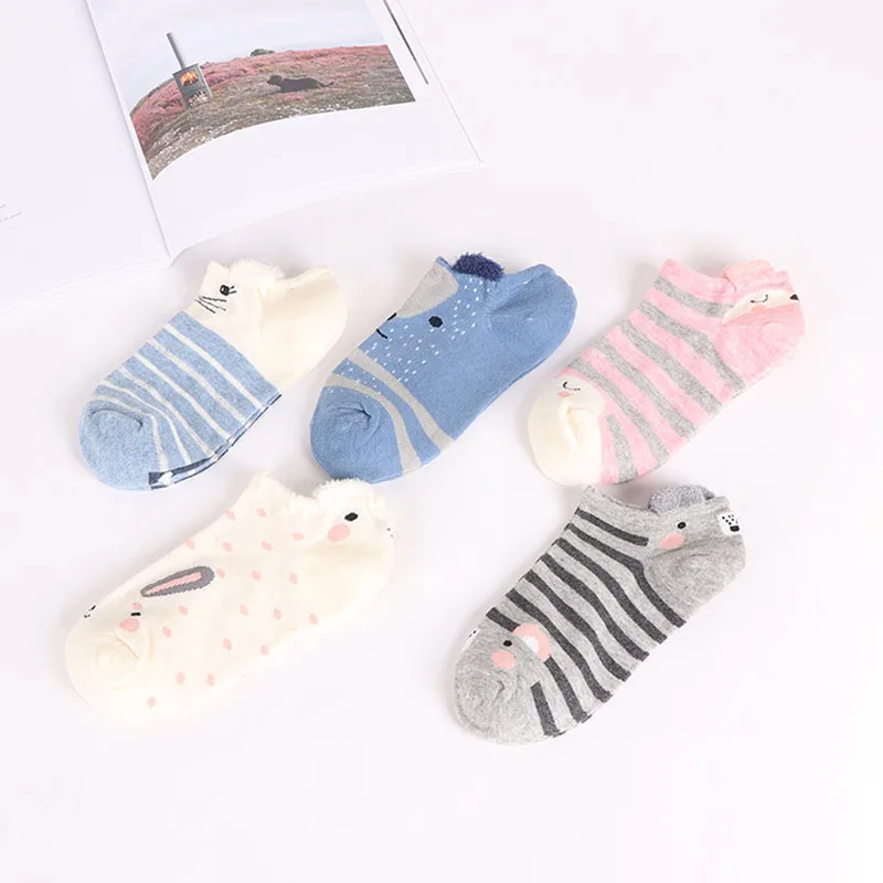 5Pairs New Women Cotton Ankle Socks Cute Cat Colorful Funny Socks Casual Animal Fruit Cake Cartoon Socks For Girls