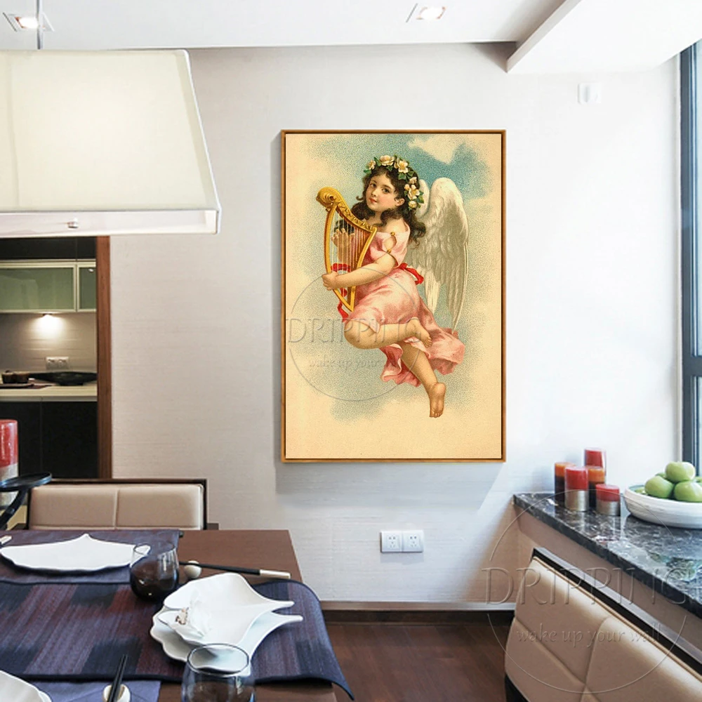 Luxury Artwork Hand-painted High Quality Vintage Religious Angel Oil Painting on Canvas Wall for Living Room |
