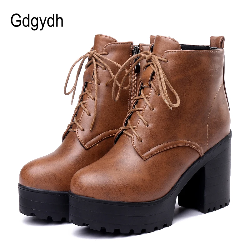 Женские ботильоны на шнуровке Gdgydh Черные с круглым носком платформе и высоком
