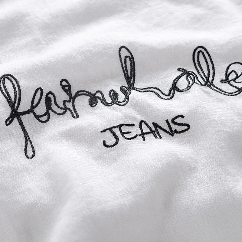 2017 белая льняная футболка Мужская простая с художественной вышивкой брендовая летняя Хлопковая мужская