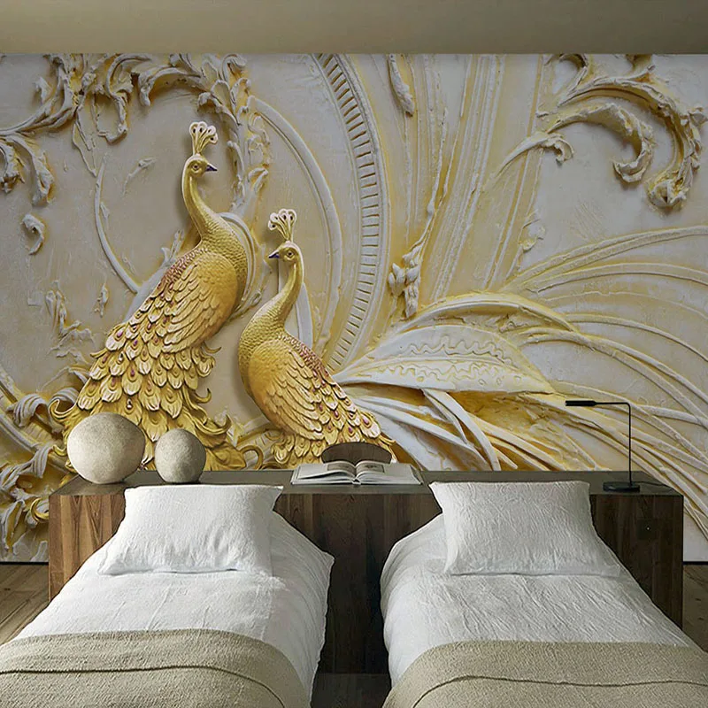 European Style 3D Relief Gold Peacock Mural Wallpaper Living Room TV Hotel Background Wall Home Decor Wall Papers For Walls 3 D