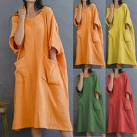 women solid half sleeve pocket current chic cotton linen loose casual knee length dress