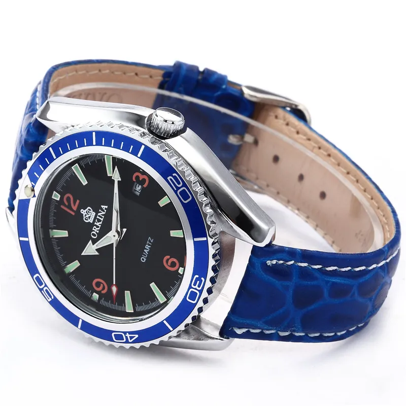 

MG. ORKINA Rotatable Bezel Male Clock Japan Movement Blue Leather Belt Men's Quartz Wrist Watch Kol Saat