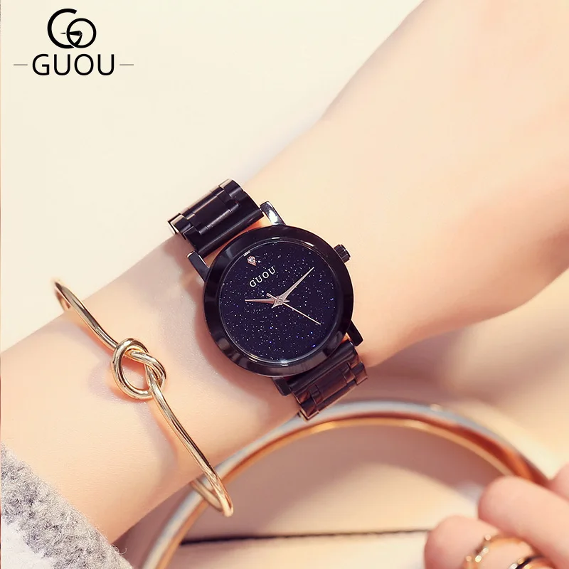 Женские Кварцевые Часы GUOU наручные часы из нержавеющей стали черного цвета без
