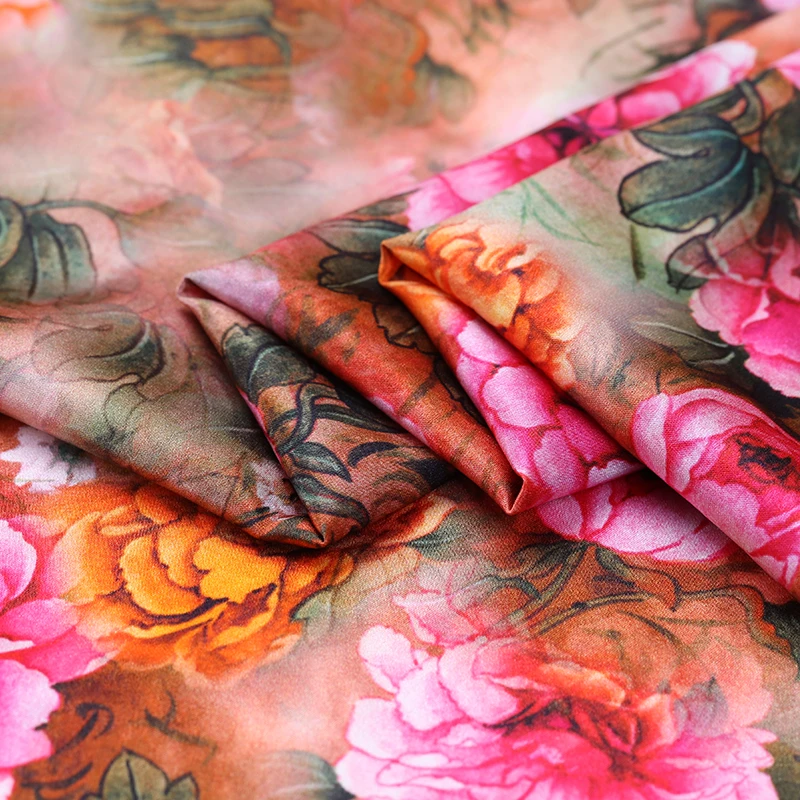 

Peony flower silk stretch satin fabric 19mm anti-wrinkle breathable silk cloth cheongsam dress chinese silk fabric satin