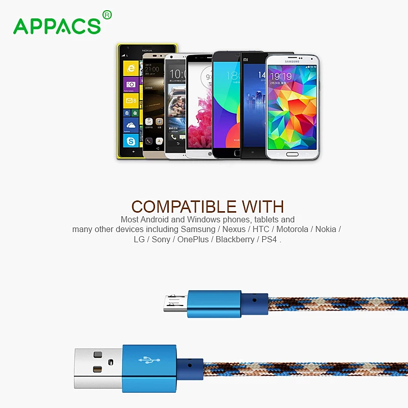 Micro USB Android зарядный кабель APPACS6.6Ft нейлоновый Плетеный высокоскоростной 2 0 к шнур