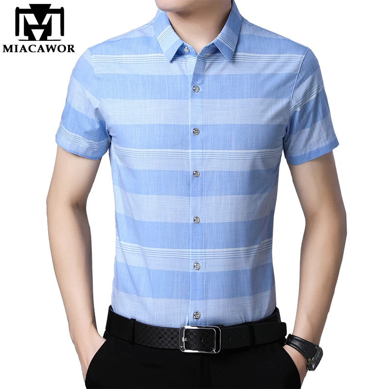 MIACAWOR летняя мужская рубашка с коротким рукавом модная полосатая Мужская
