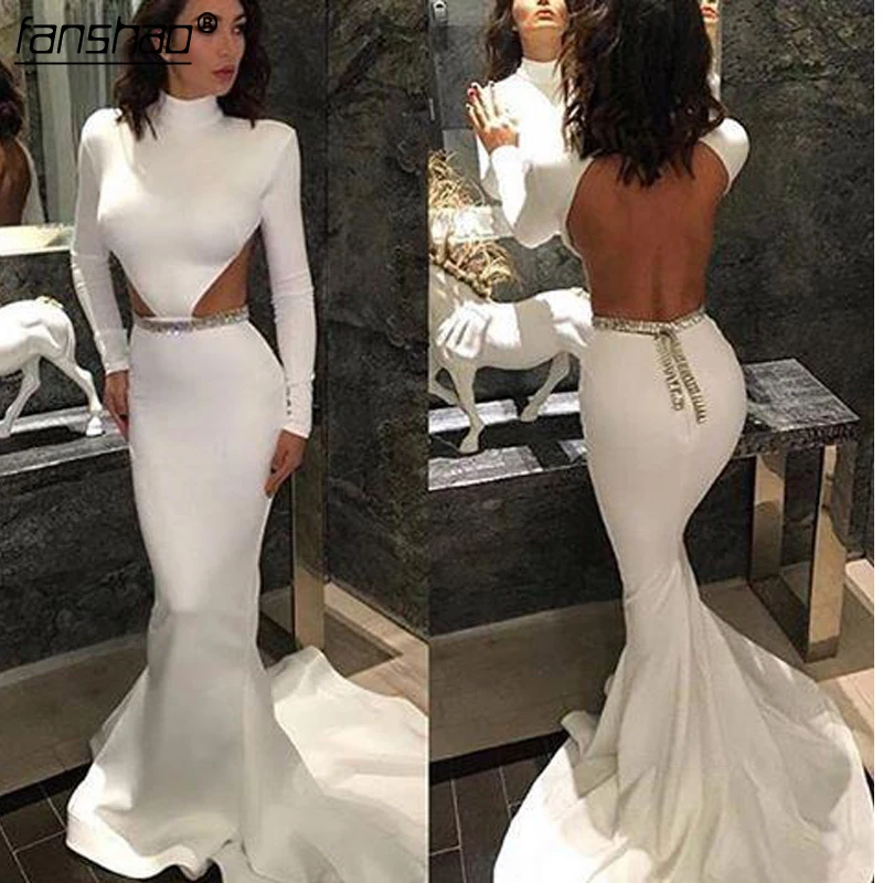 

New Arrival White High-Neck Long-Sleeve Prom Dress Sexy Backless Mermaid Evening Dresses Vestido De Fiesta