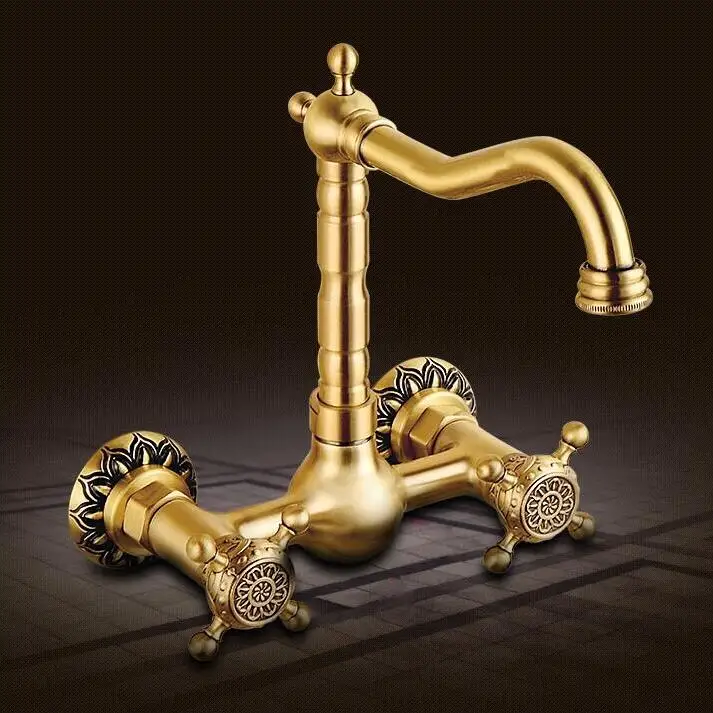 

Luxury Water Tap high quality brass wall mounted Kitchen faucet hot and cold antique carved kitchen sink basin faucet tap mixer