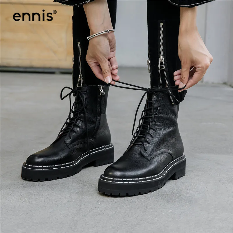 ENNIS/; дизайнерские женские ботинки на платформе; ботинки из натуральной кожи на шнуровке; сезон осень-зима; черные готические сапоги; обувь на плоской подошве; Цвет Красный; Новинка; A999