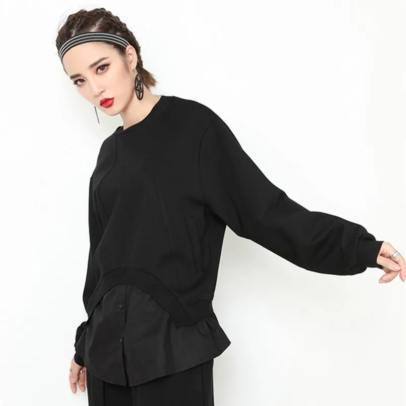 Женская Винтажная Футболка составного кроя черная Свободная Повседневная