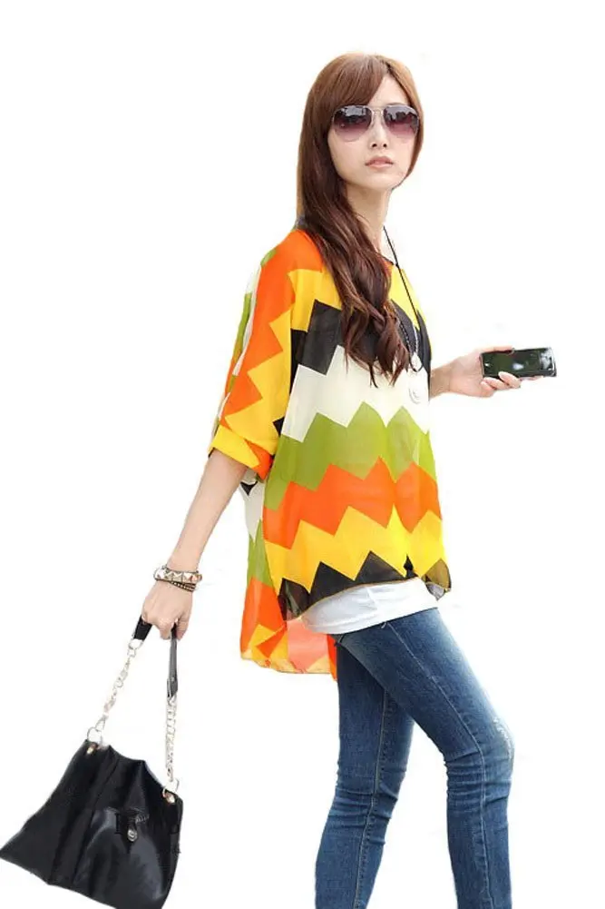 Womens Floral Batwing Sleeve Chiffon Beach Loose Blouse Tunic Tops | Женская одежда