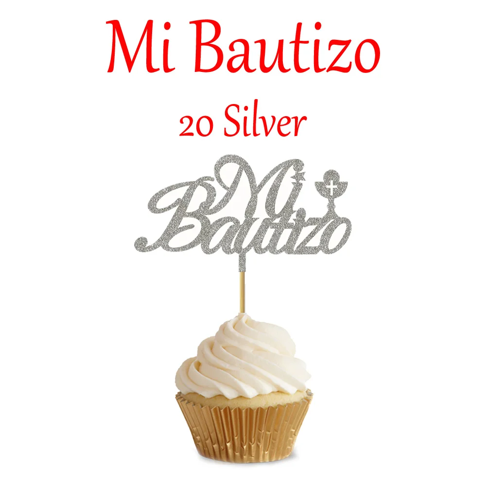 20 штук Блестящий золотистый Серебристый испанский Ми Bautizo Бумажные Формочки для капкейков цилиндр для детей Крещение вечерние украшения YP005 - Цвет: 20 Silver