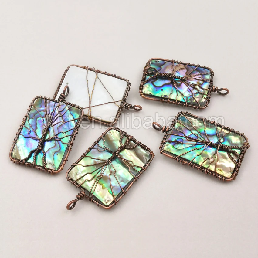 

WT-P1130 Wholesale Natural Rectangle Abalone Shell Pendant Unique Retro Handmade Woven Brass Shell Pendant For Women 35*45mm