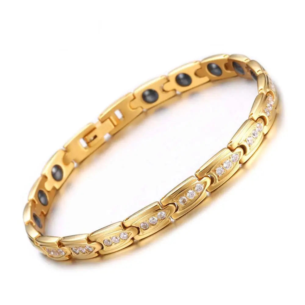 Gold Color Bracelet Shiny crystal Stainless Steel Fashion Health Jewelry Magnetic Hologram Charm Chain &amp Link Bangle | Украшения и