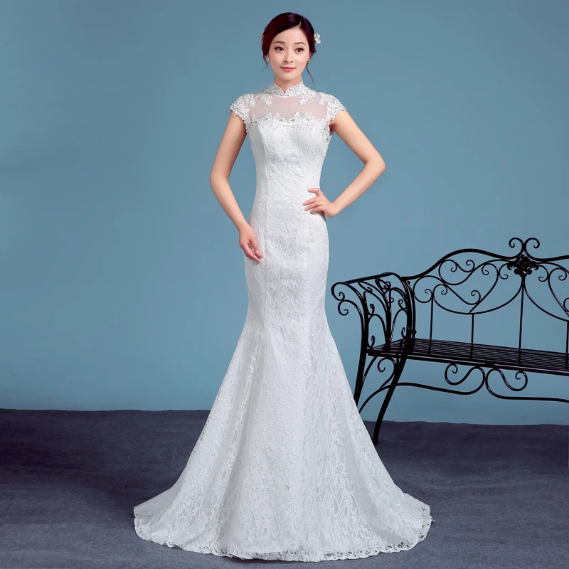 Женское кружевное свадебное платье с юбкой годе винтажное открытыми плечами