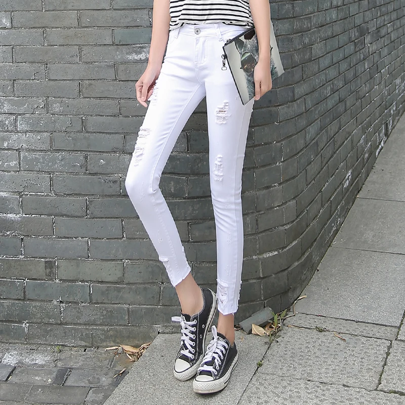 Loyalget Stretch White Streetwear Hole Women Jeans Destroyed Ripped Pencil Pants Ankle Length Skinny For |