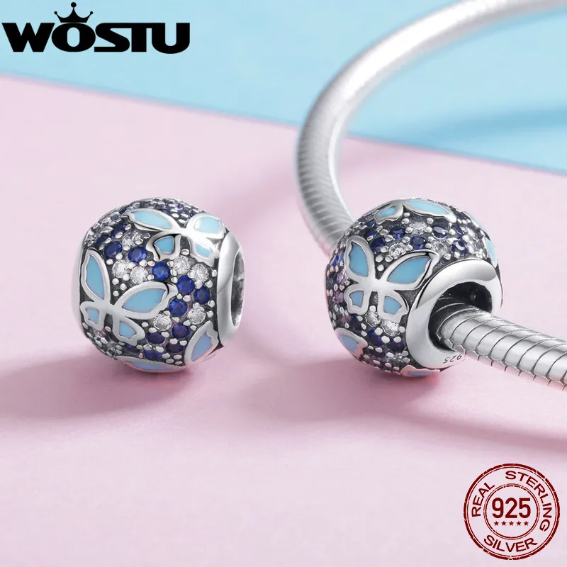 WOSTU Аутентичные 925 пробы Серебристые Синие Бабочки Шарм шарик для оригинального DIY браслет серебряные ювелирные изделия изготовление подарок CQC931
