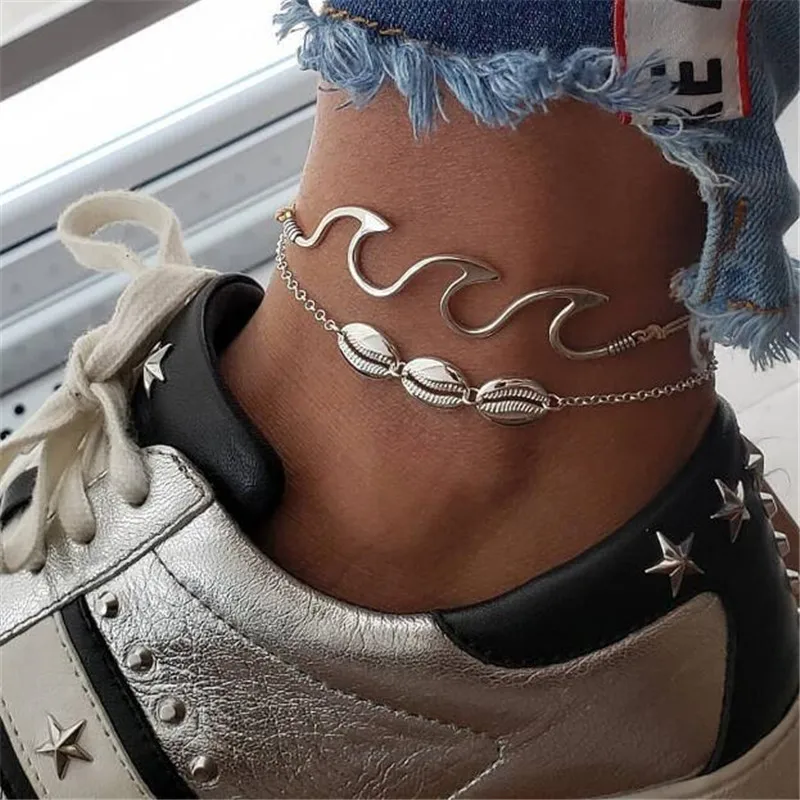 MissCyCy Boho двойной браслет-цепочка на лодыжку для женщин Мода сплав волна оболочки ножные браслеты Пляж ноги ювелирные изделия Босиком Сандалии