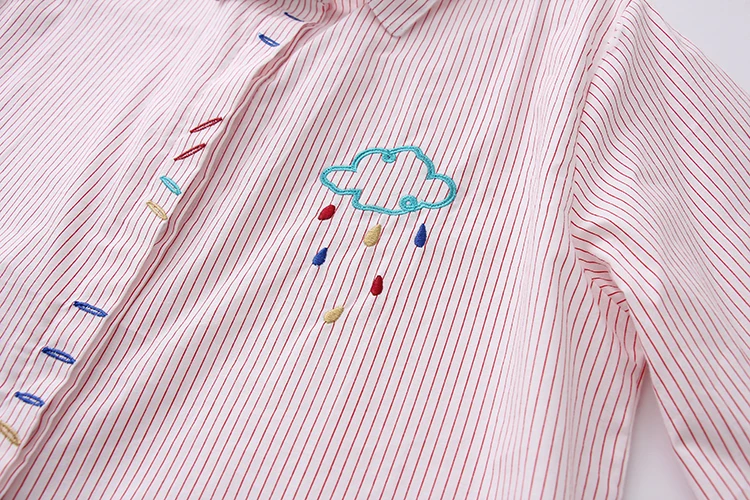JKKUCOCO Newest Women Shirt Embroidery Thunderstorm Cotton blouses Blouse shirt Long Sleeve Casual Striped Shirts S-XL |