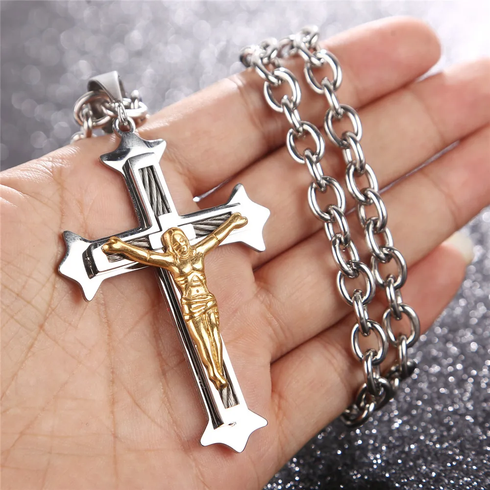 Большой Иисус из нержавеющей стали серебряный/золотой тон провода кабель цепи