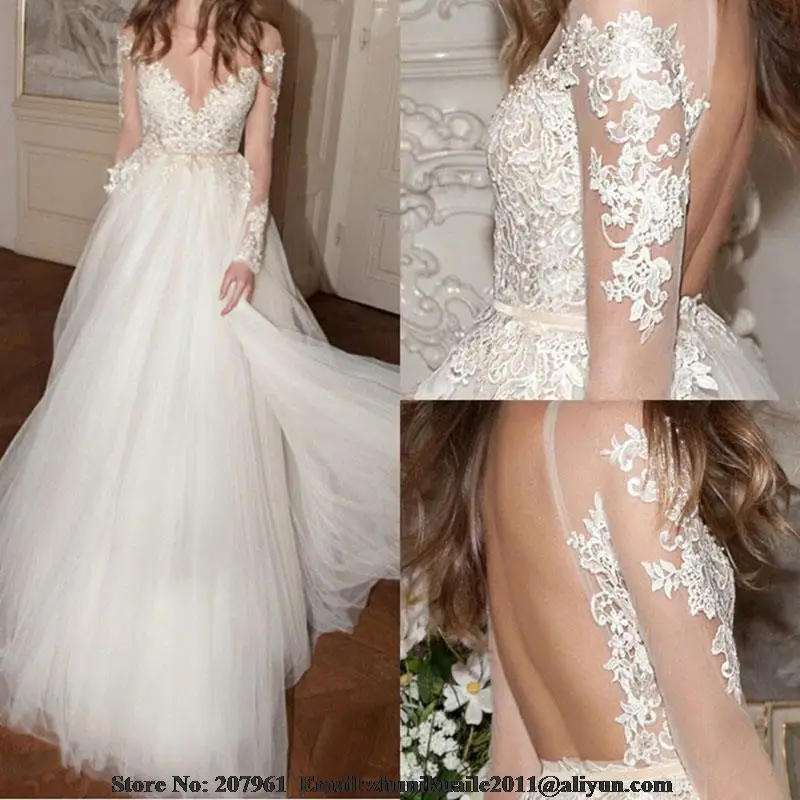 Casamento Long sleeve Tulle with Lace Appliques A-line Wedding Dresses 2016Vestidos de noiva Robe mariage princesse sash | Свадьбы и