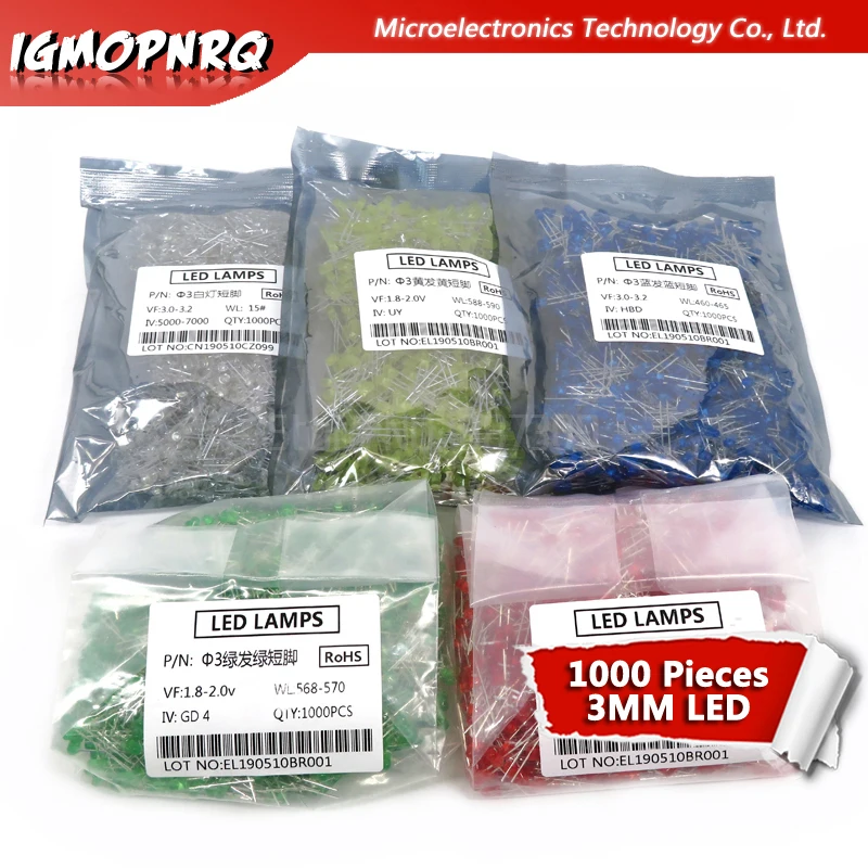 

1000pcs blue green red yellow white 3mm led light-emitting diodes