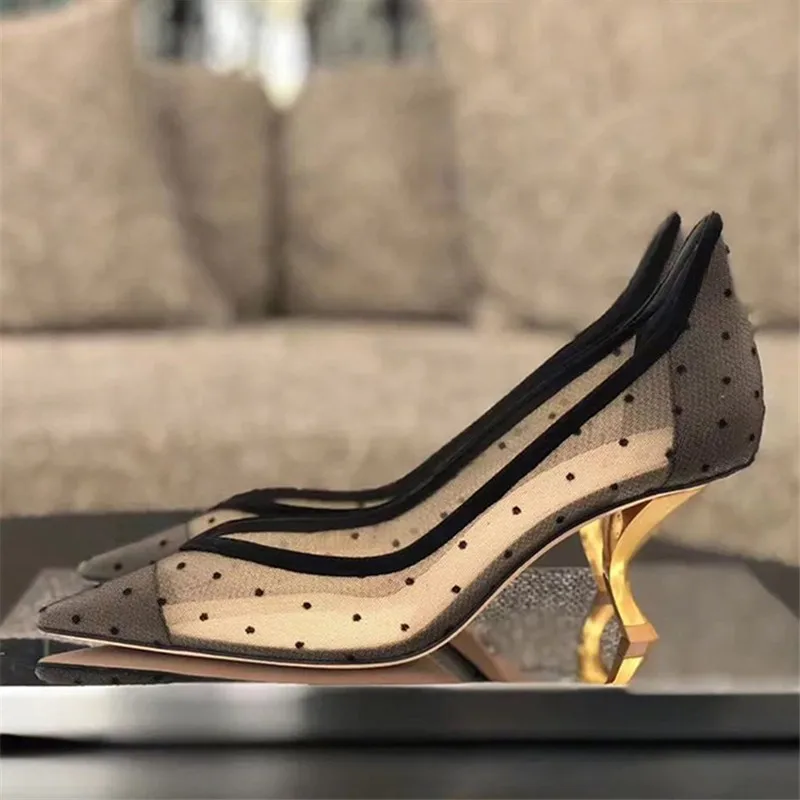 

Fashion Strange Heel Mesh Women Pumps Polka dot Pointed Toe Metal High Heels Pumps Shoes Woman Sexy Black Ladies Dress Shoes