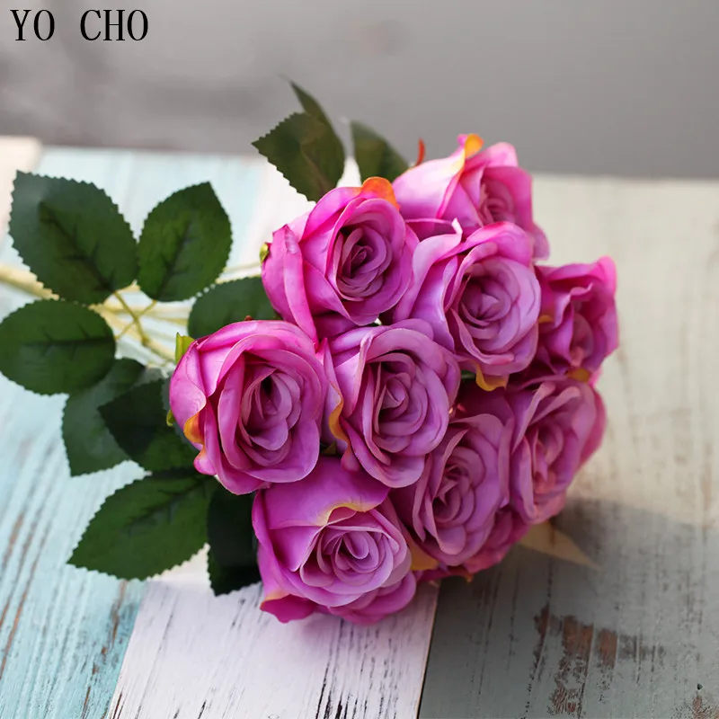violet YO CHO 40 см искусственные цветы розы Белая роза для свадебного букета красивый дисплей цветок домашний декор бонсай цветок - Цвет: violet