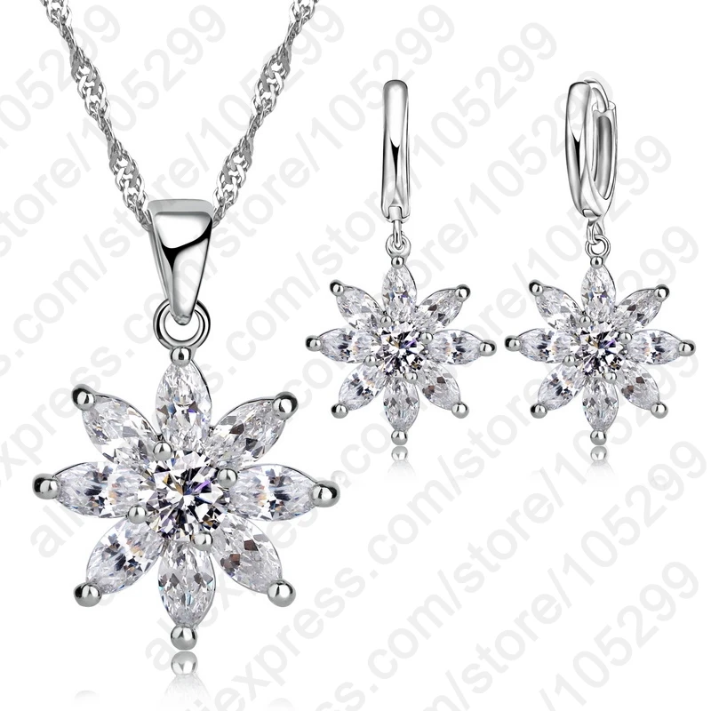 

Top Quality Romantic Flower Pendant Necklace+Earrings Set 925 Sterling Silver Clear Cubic Zircon Jewelry Set Wholesale