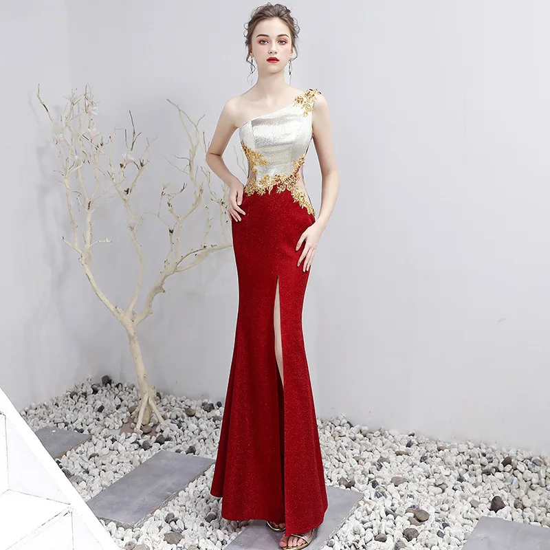 Красные белые роскошные длинные платья русалки Cheongsam современное тонкое платье на одно плечо Qi Pao традиционное китайское вечернее китайское платье-Ципао - Цвет: wine red