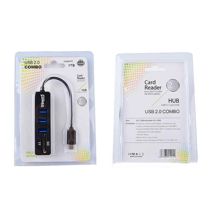 2 в 1 Micro/type-C/USB 0 OTG концентратор разветвитель комбо 3 порта SD/TF 480 Мбит/с кардридер