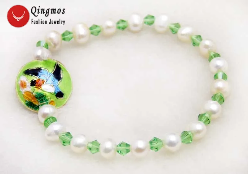 

Qingmos Trendy 5-6mm White Natural Pearl Bracelets for Women with Green Crystal and 18mm Cloisonne 7.5'' Jewelry Bracelet-bra389