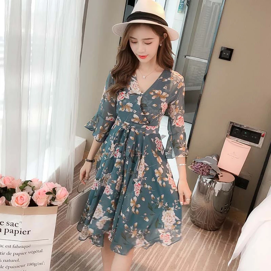 Huti wjwyl New Floral Print Sweet Chiffon Fresh Dress Women V-Neck Party Half Sleeve Lady Beach Holiday A-Line Vestidos | Женская одежда