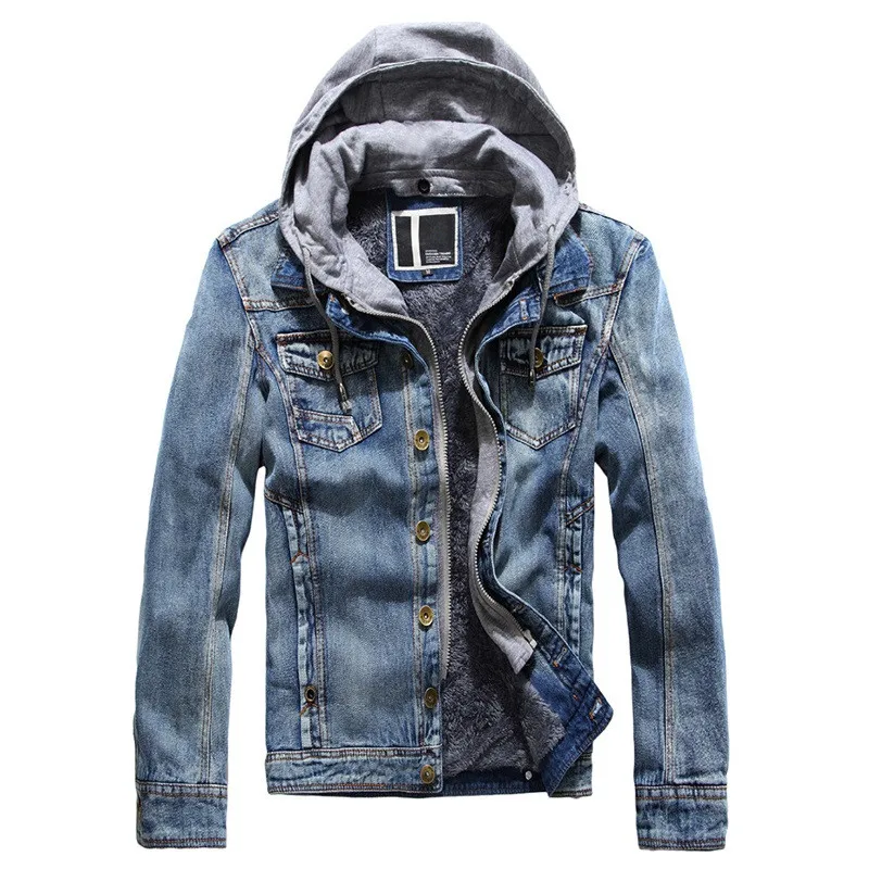 

Mens Hooded Denim Jacket Brand Designer Jackets Winter Fleece Jeans Jacket Men Fake Two Pieces Slim Fit Coats Overcoat Coat Male
