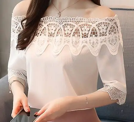 

women lace top a word shoulder clothes 2019 summer wear new chiffon blouse lady outfit Korean fashion vestidos lace cute sexy