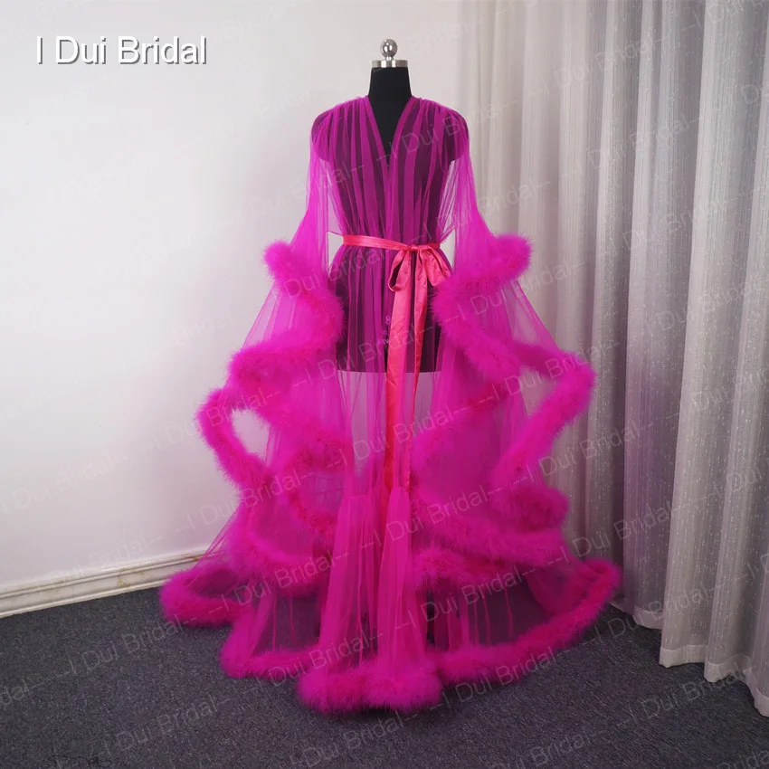 Fuchsia Фуксия перо Тюль вечернее платье с длинным рукавом халат шарф вечерние платья школа танец платье - Цвет: Fuchsia