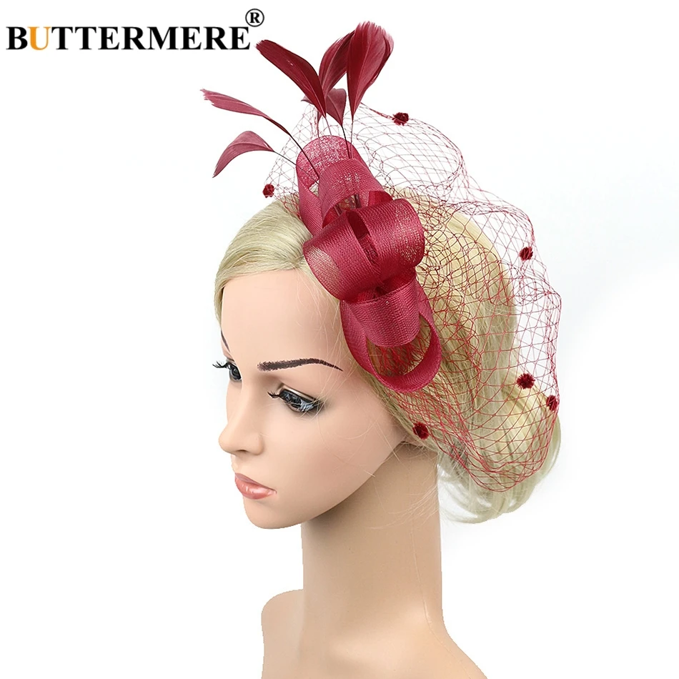 burgundy fedora BUTTERMERE Свадебная шляпа с вуалью черная фетровая шляпа Женская перьевая шляпка невесты для вечерние Кепка Дамская элегантная причудливая шляпа с бантом Pillbox красный - Цвет: burgundy fedora