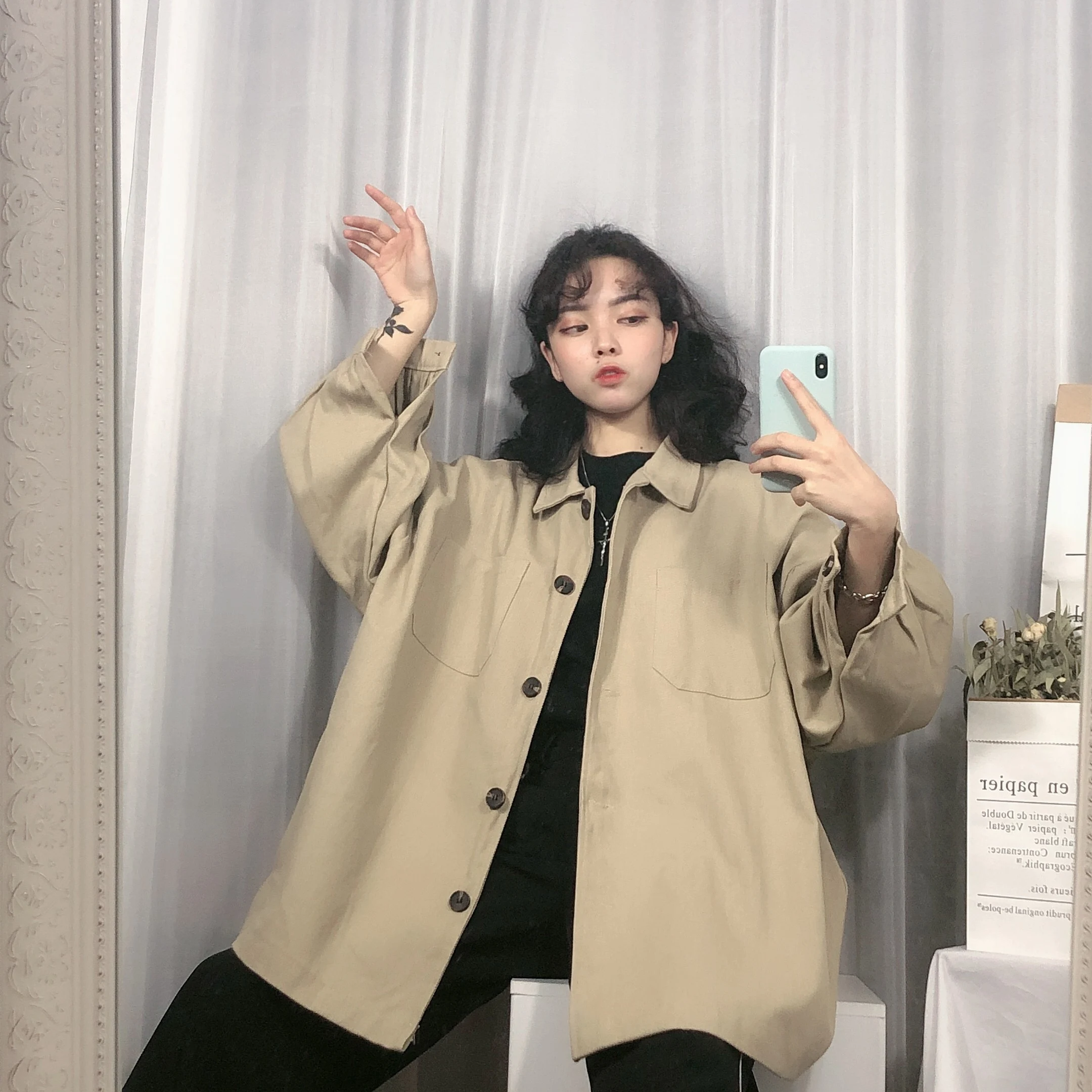

safari style women spring autumbn bf loose lapel single breasted trench coat