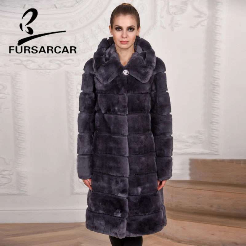 FURSARCAR теплая свободная шуба из кролика рекс Рекс с капюшоном 2018 Роскошная модная