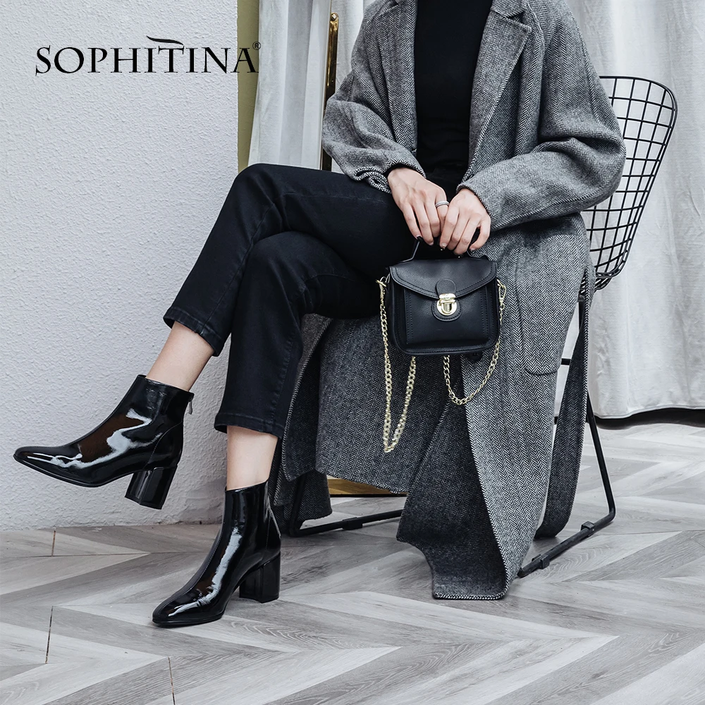 SOPHITINA/модные ботинки из лакированной кожи; удобная женская новая обувь на квадратном каблуке с квадратным носком; ботильоны нового дизайна; MO244