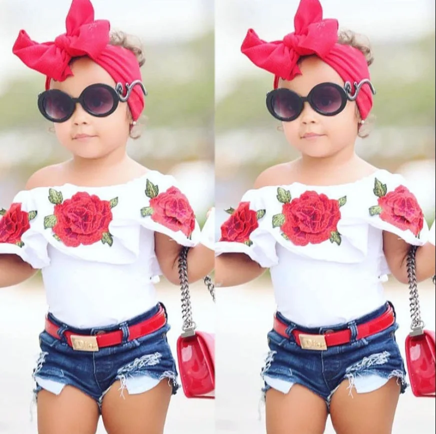 2 предмета милые топы с цветочным принтом для маленьких девочек джинсовые шорты