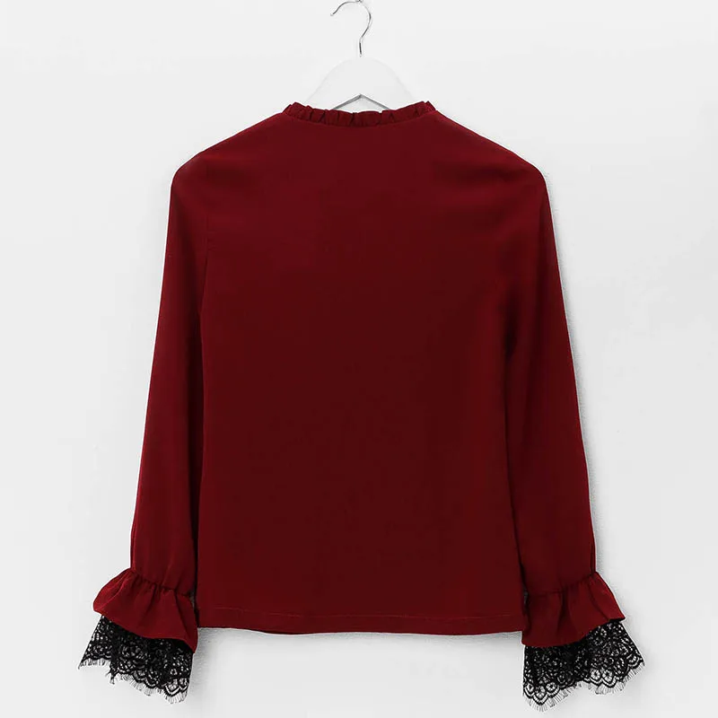 

Wine Elegant Lace Womens Blouses 2018 New Autumn Winter Long Sleeve Bow V-Neck Tops Vintange Office Ladies Shirts Preppy Style