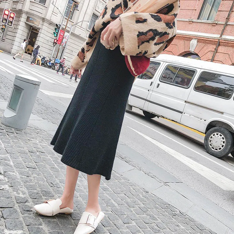 NORMOV Fashion Womens Autumn And Winter New High Waist Long Section Knitted Skirt Wool A Word Skirt Solid Color Casual Skirt