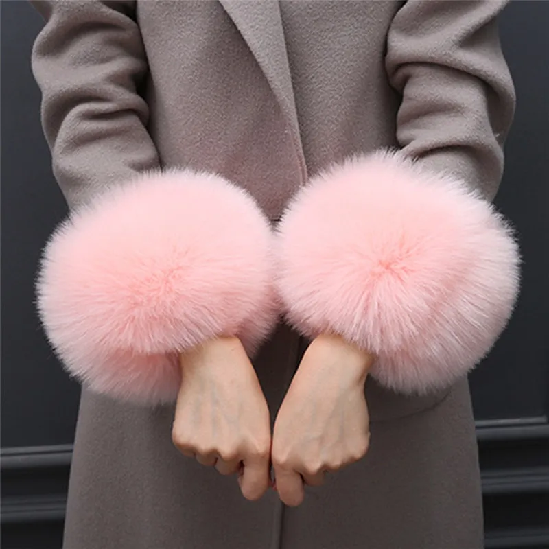 E Pink 1 пара одноцветное Цвет модные зимние теплые искусственного меха лисы запястье для дам Для женщин теплые манжеты митенки обертывания - Цвет: E Pink