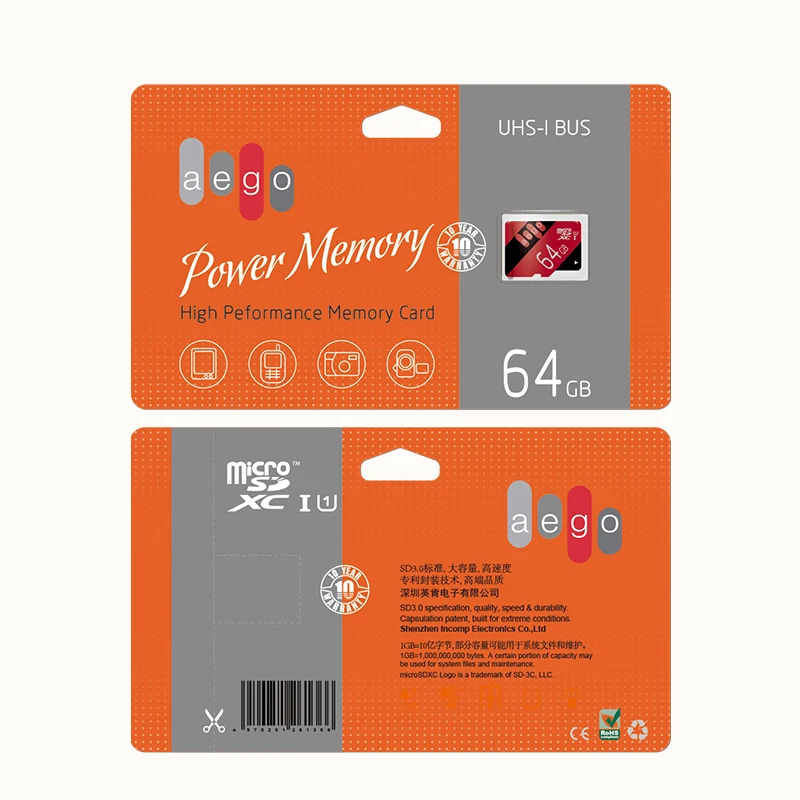 Высокоскоростная карта памяти AEGO 64 ГБ micro SD класса 10 UHS I (U1)/UHS (U3) с адаптером