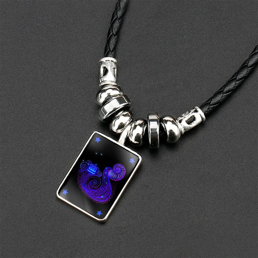 Колье с 12 знаками Зодиака черное плетеное кожаное ожерелье раком Leo Virgo Libra Punk