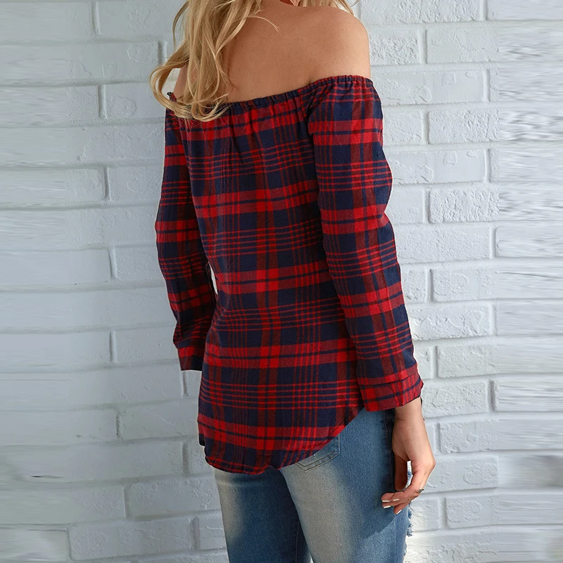 2019 Женская клетчатая рубашка сексуальная с плеча Slash шеи офисные женские