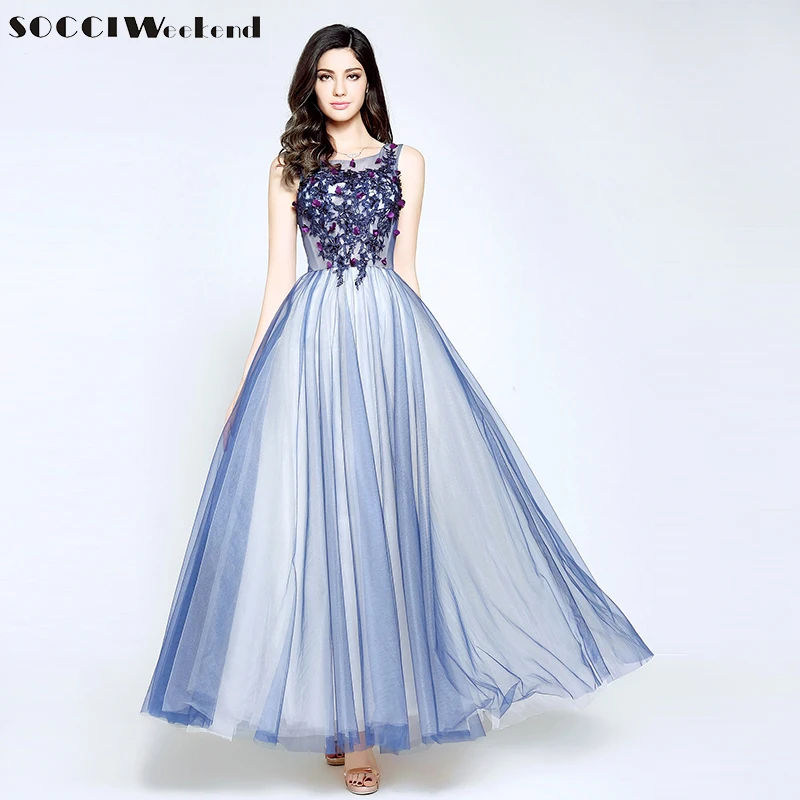 SOCCI/голубое кружевное платье с бисером сексуальное длинное вечернее открытой