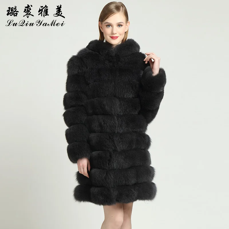 Шуба с капюшоном из натурального Лисьего меха 80 см 2020 зимнее пальто размера плюс |